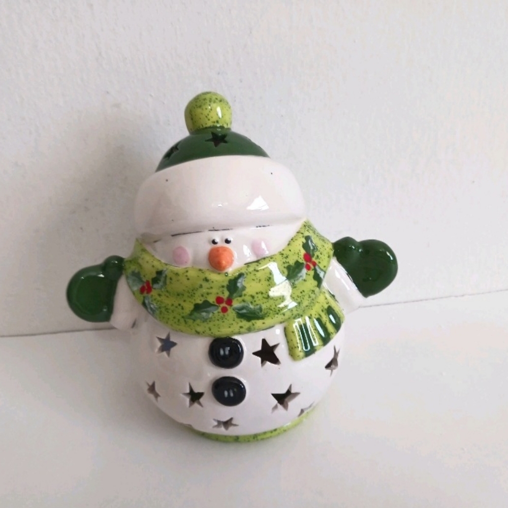Snowman Ceramic Tea Light Holder Luminary Jubilee Pottery Art Star Cutouts READ